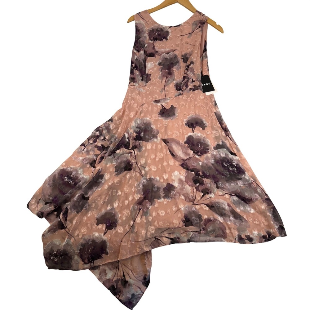 DKNY Floral Burnout‎ Handkerchief Hem Midi Dress Pink Purple DD8GJ237 Size 4 NEW